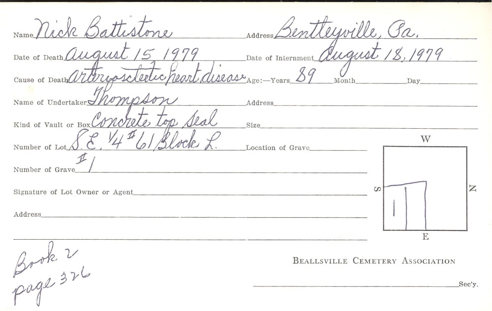 Nick Battistone  burial card